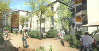 An inhabited perspective of the project's outdoor spaces.