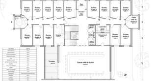 Plan du projet avec les surfaces des différents bureaux et espaces. 