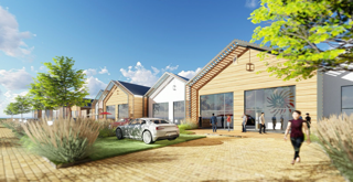 Exterior view of the green parking areas in front of the modules.