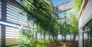 Vue depuis une terrasse avec des claustra bois et de la végétation haute dans les jardinières. 