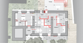 Plan of the refurbishment project with added elements in red.