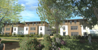 Perspective extérieure du projet. Vue sur les modules d’habitation et l’espace extérieur végétal.