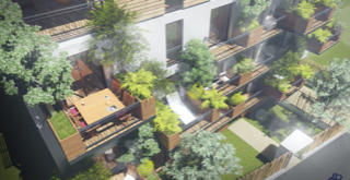 Aerial view of the façade and balconies.