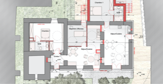 Plan of the refurbishment project with added elements in red.