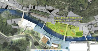 Mass plan of the study area produced by the agency, detailing the proposed spaces: a planted square on the right bank and a mineral square on the left bank.