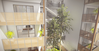 Aerial view of the private balconies and stairwell.