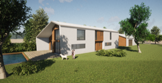 Exterior perspective of the project showing an overall view of the house in its plot.